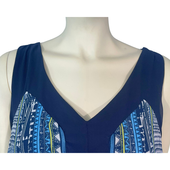 AGB Sz 10 Midi A-Line Tank Dress Blue Scarf Print Handkerchief Hem Sheer Lined - Picture 5 of 10